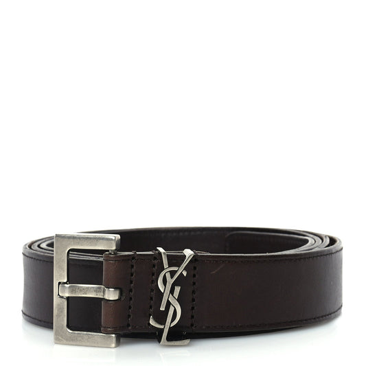 Saint Laurent Smooth Calfskin Monogram Cassandre Square Buckle Belt 105 42  Oak Brown