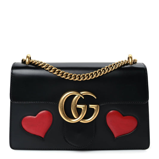 Gucci Knight Calfskin Malaga Kid Heart Medium GG Marmont Chain Handle Bag Black Hibiscus Red Multicolor