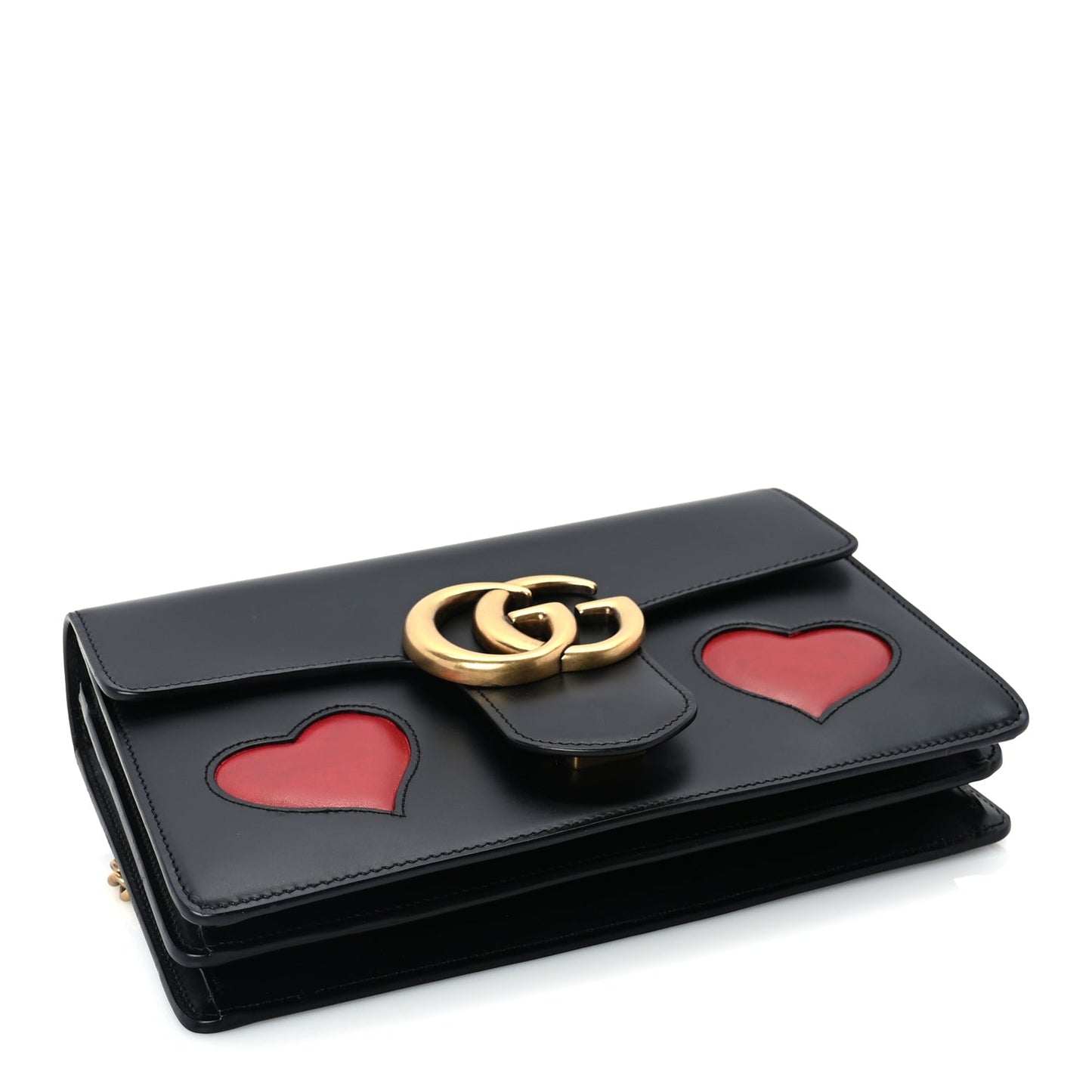 Gucci Knight Calfskin Malaga Kid Heart Medium GG Marmont Chain Handle Bag Black Hibiscus Red Multicolor