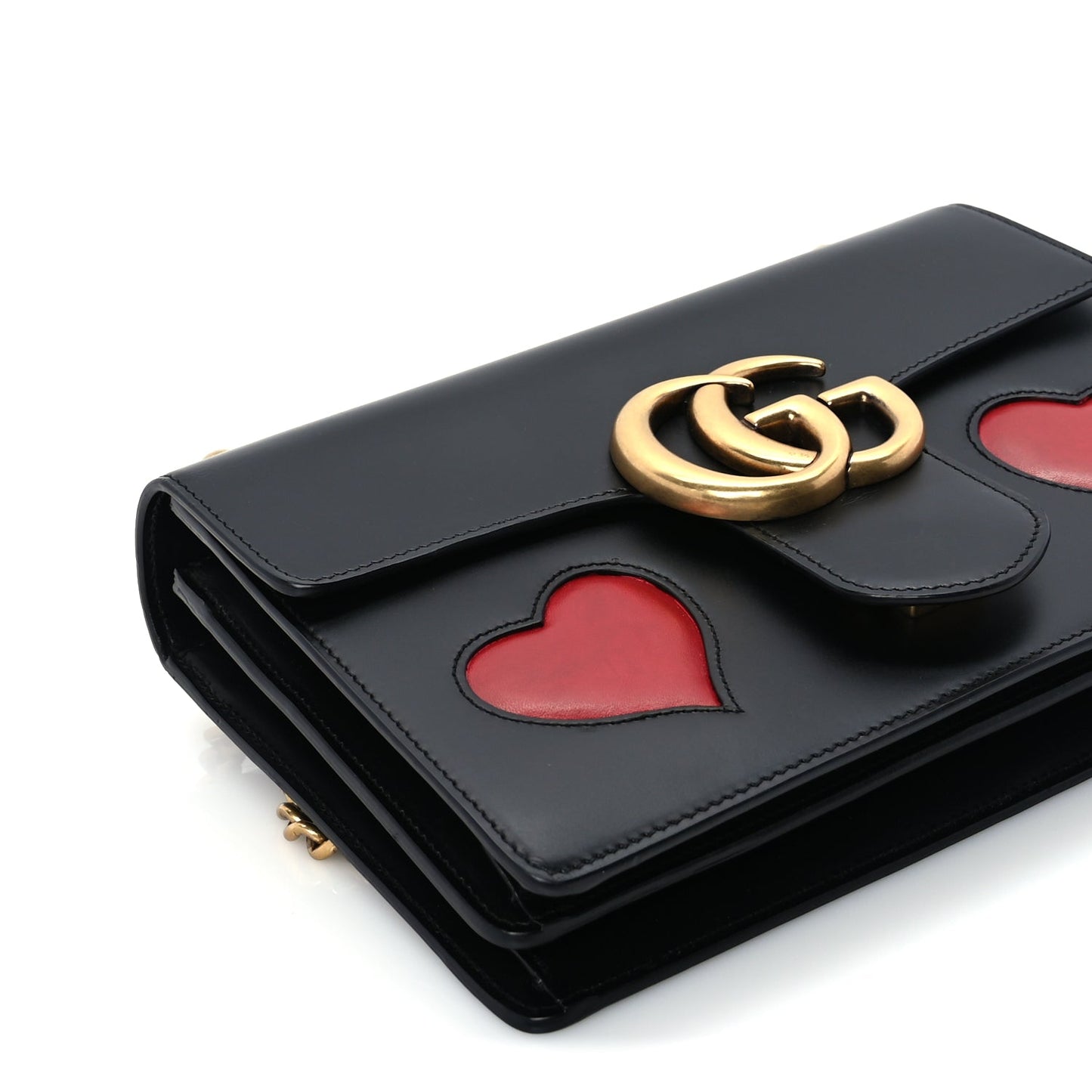 Gucci Knight Calfskin Malaga Kid Heart Medium GG Marmont Chain Handle Bag Black Hibiscus Red Multicolor
