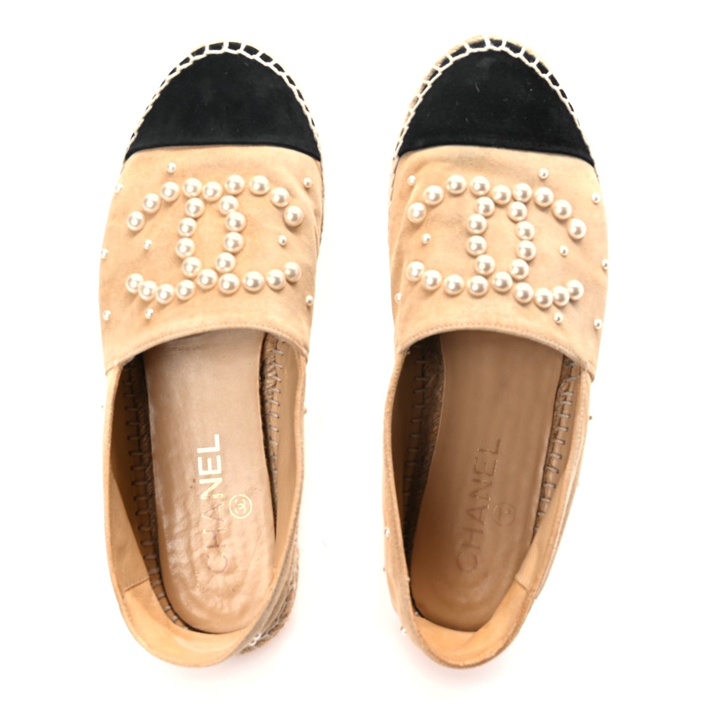 Chanel Suede Pearl CC Espadrilles 37 Beige Black
