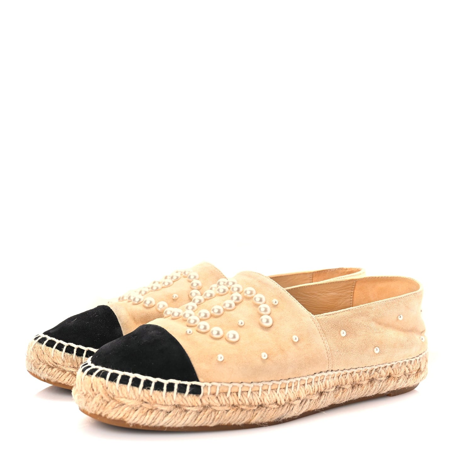 Chanel Suede Pearl CC Espadrilles 37 Beige Black