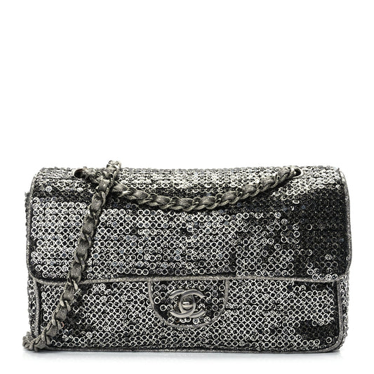 Chanel Sequin Medium Single Flap Dark Silver
