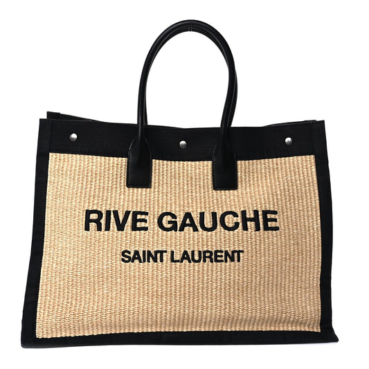 Saint Laurent Raffia Linen Calfskin Rive Gauche Tote  Naturale Black