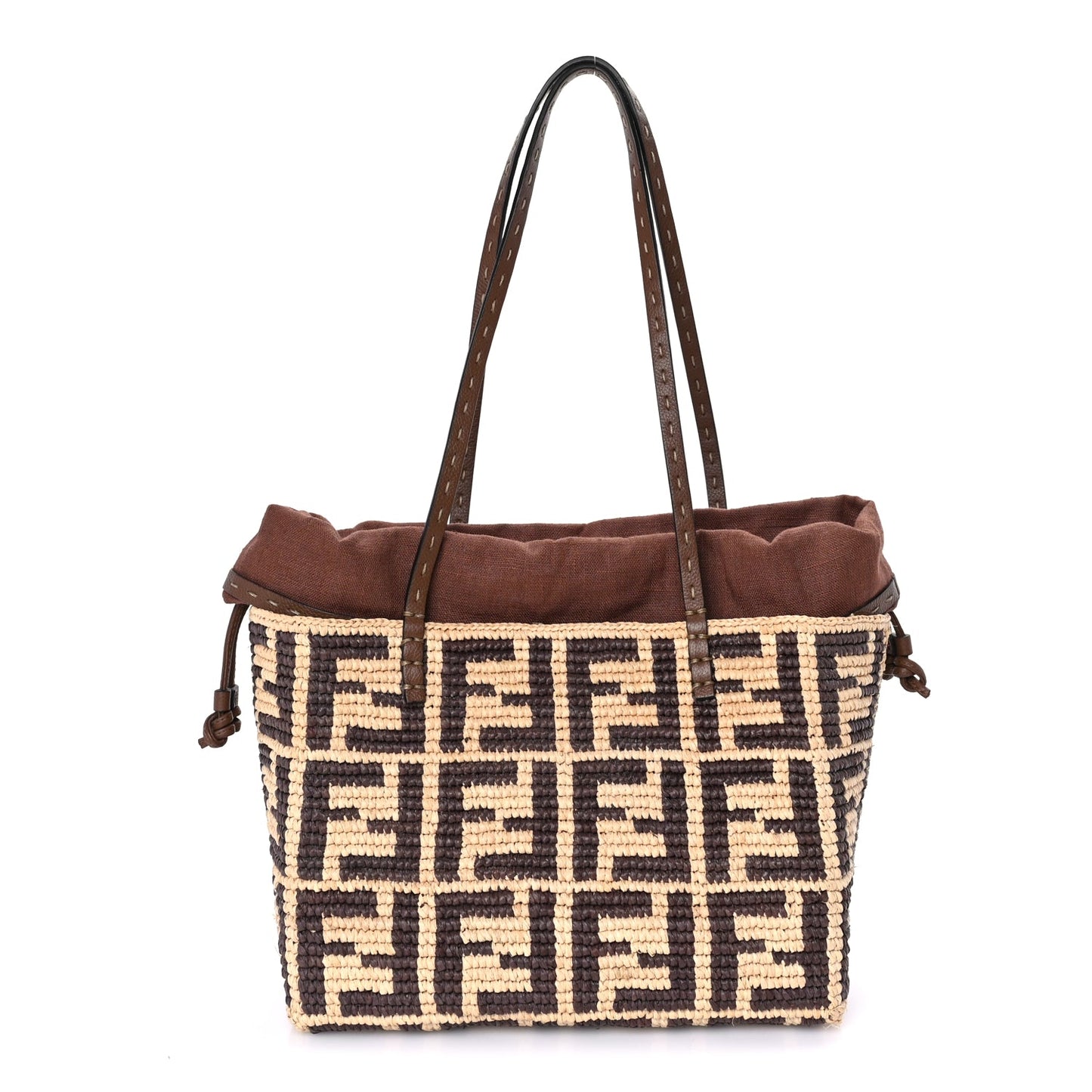Fendi Raffia Cuoio Romano FF Crochet Small Roll Shopper Natural Dark Honey