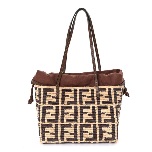Fendi Raffia Cuoio Romano FF Crochet Small Roll Shopper Natural Dark Honey