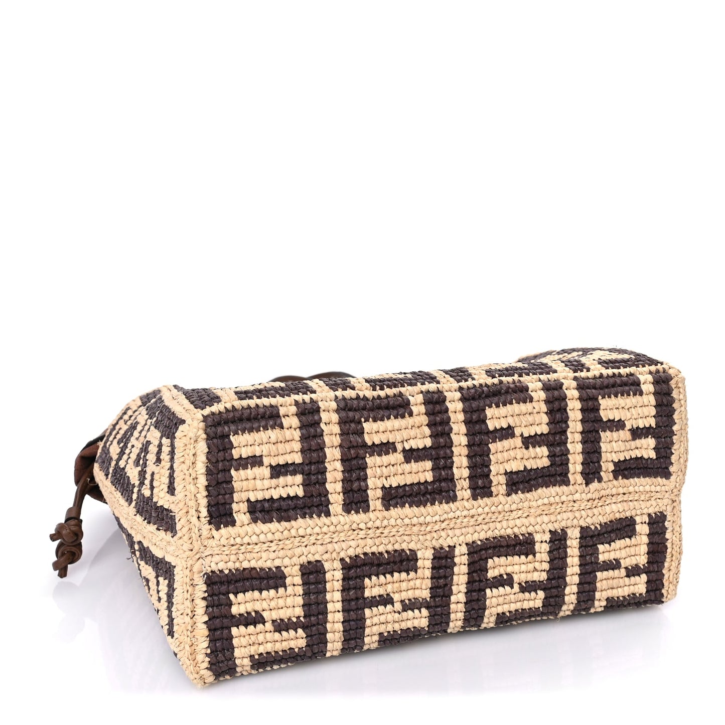 Fendi Raffia Cuoio Romano FF Crochet Small Roll Shopper Natural Dark Honey