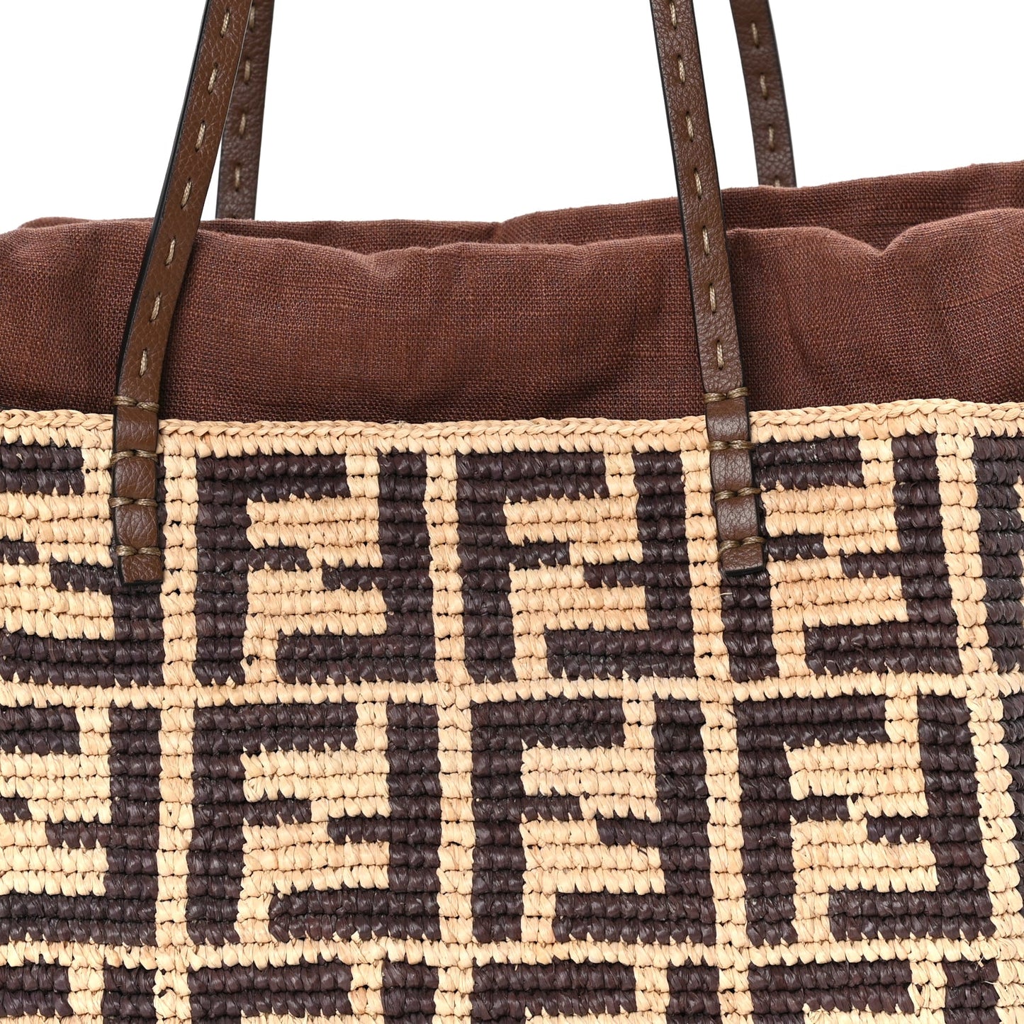 Fendi Raffia Cuoio Romano FF Crochet Small Roll Shopper Natural Dark Honey