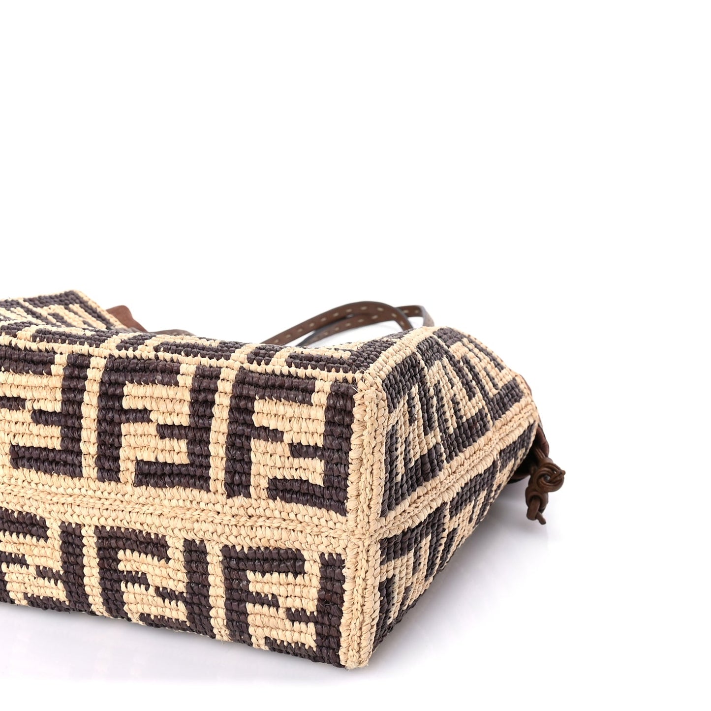 Fendi Raffia Cuoio Romano FF Crochet Small Roll Shopper Natural Dark Honey