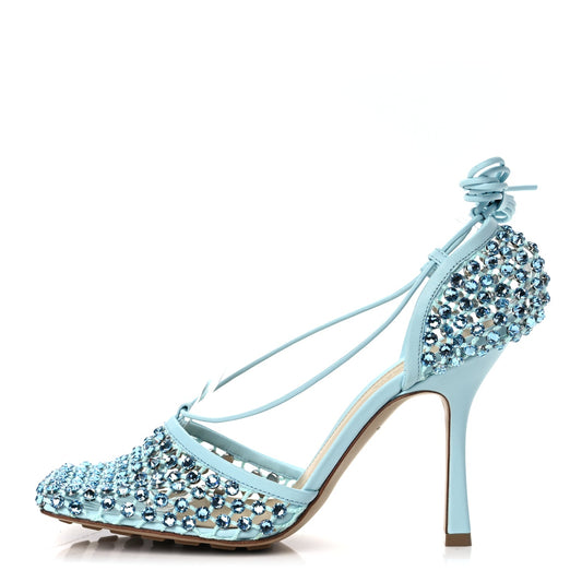 Bottega Veneta Mesh Nappa Crystal Embellished Sparkle Stretch Ankle Tie 90mm Sandals 40 Pale Blue