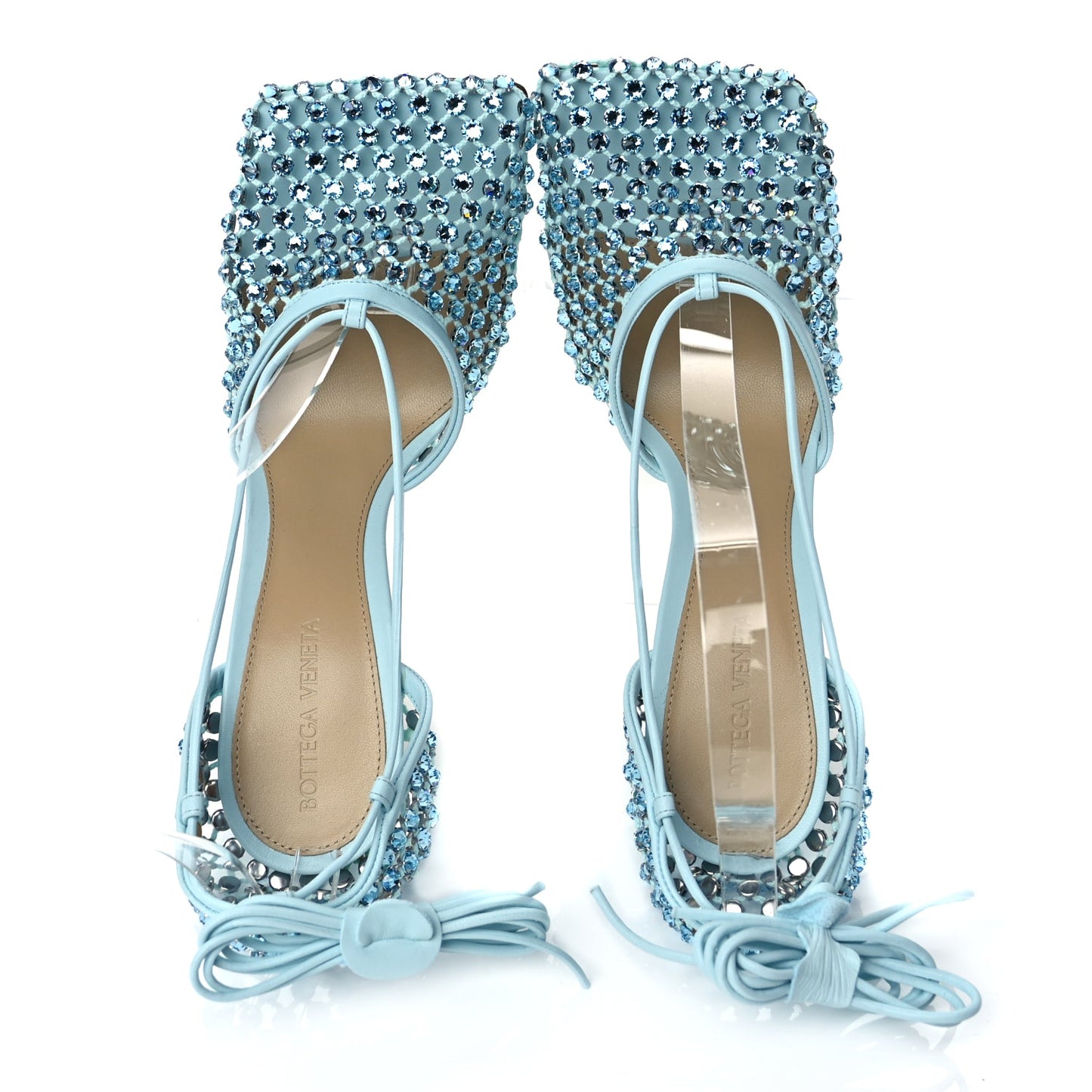 Bottega Veneta Mesh Nappa Crystal Embellished Sparkle Stretch Ankle Tie 90mm Sandals 40 Pale Blue