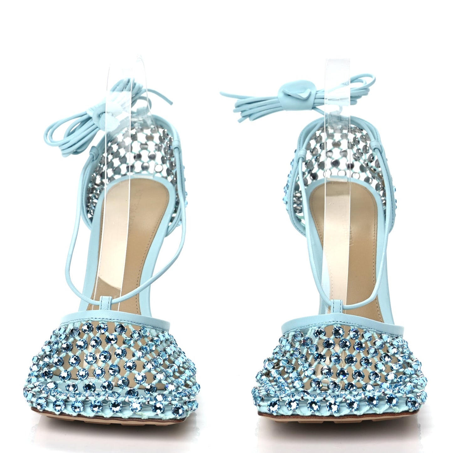 Bottega Veneta Mesh Nappa Crystal Embellished Sparkle Stretch Ankle Tie 90mm Sandals 40 Pale Blue
