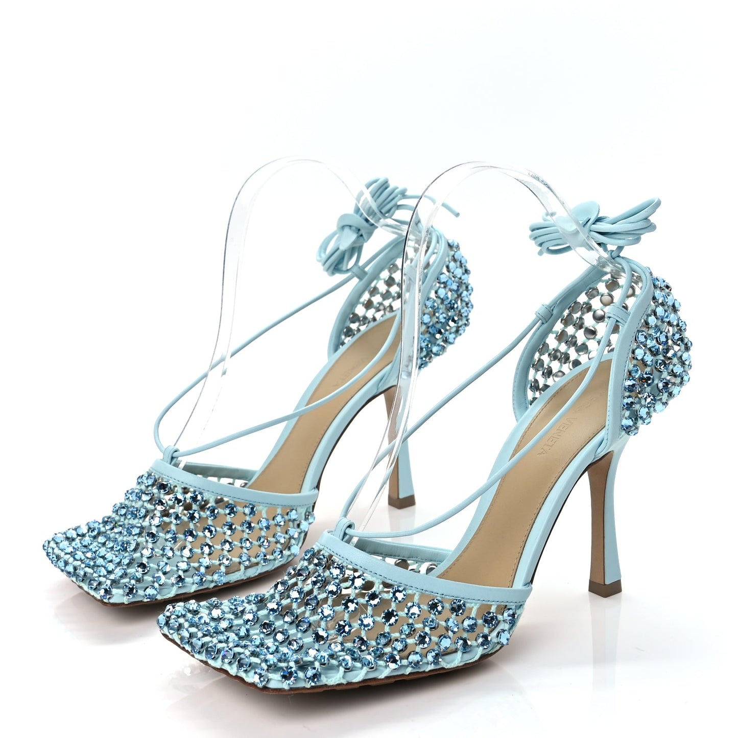 Bottega Veneta Mesh Nappa Crystal Embellished Sparkle Stretch Ankle Tie 90mm Sandals 40 Pale Blue
