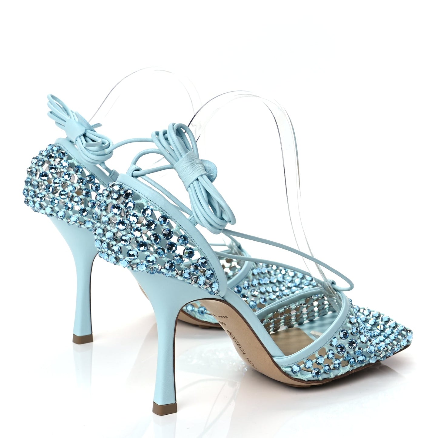 Bottega Veneta Mesh Nappa Crystal Embellished Sparkle Stretch Ankle Tie 90mm Sandals 40 Pale Blue