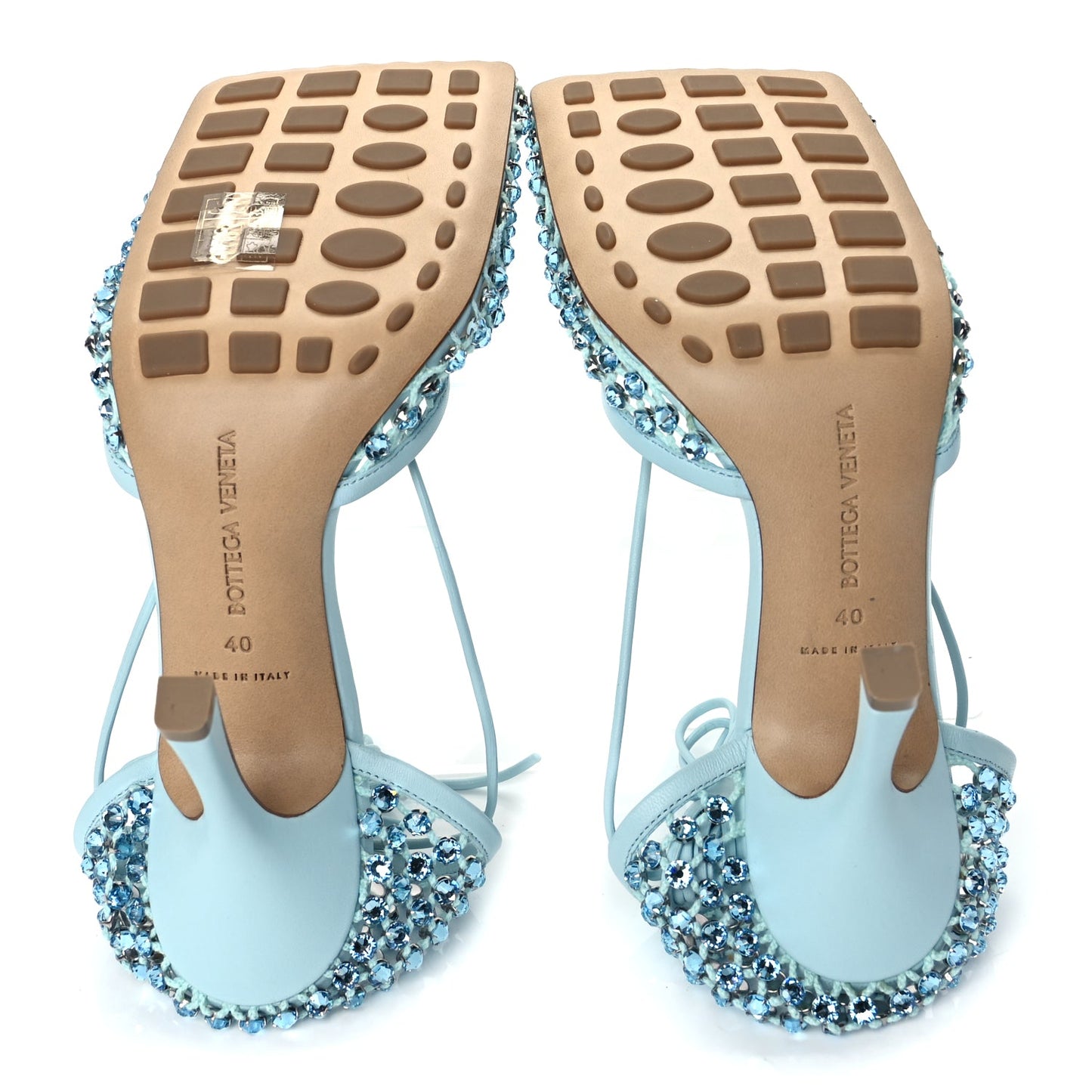 Bottega Veneta Mesh Nappa Crystal Embellished Sparkle Stretch Ankle Tie 90mm Sandals 40 Pale Blue