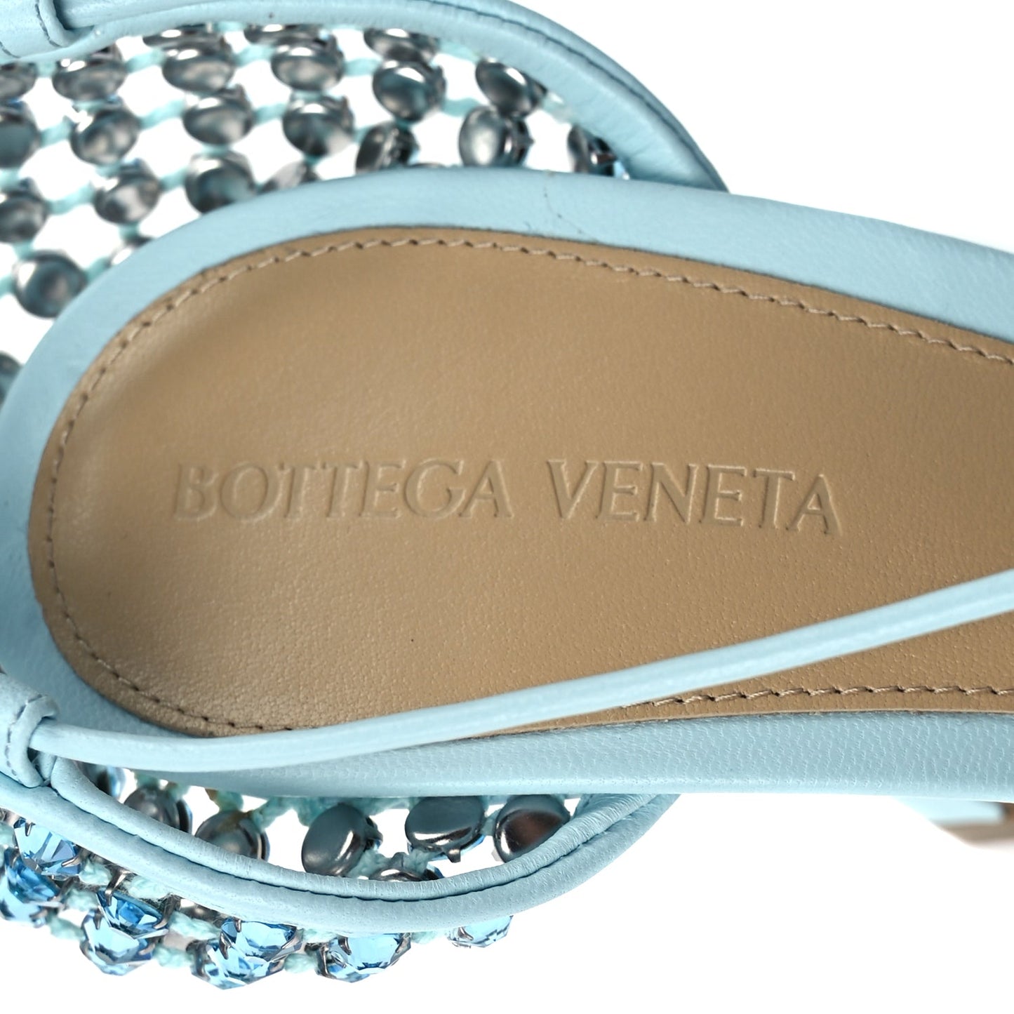 Bottega Veneta Mesh Nappa Crystal Embellished Sparkle Stretch Ankle Tie 90mm Sandals 40 Pale Blue