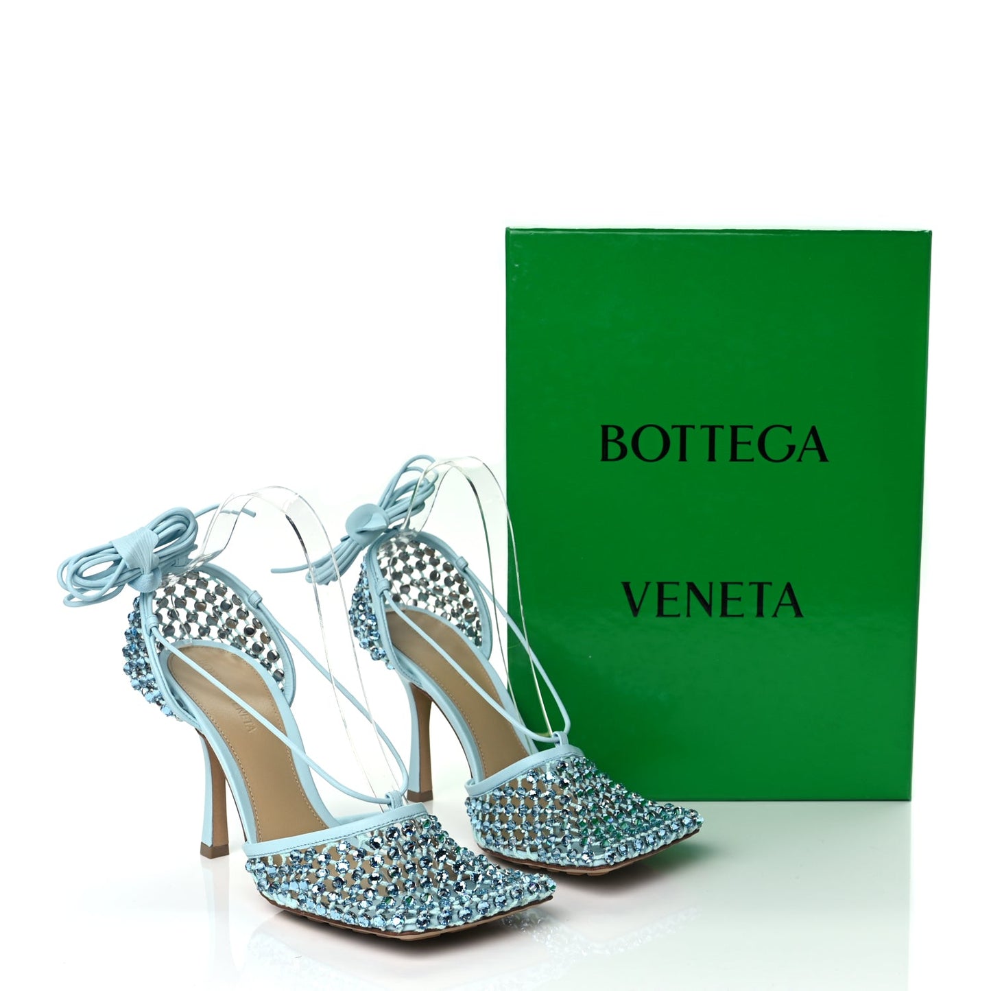 Bottega Veneta Mesh Nappa Crystal Embellished Sparkle Stretch Ankle Tie 90mm Sandals 40 Pale Blue