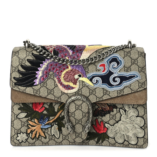Gucci GG Supreme Monogram Bird And Flowers Embroidered Medium Dionysus Shoulder Bag Taupe