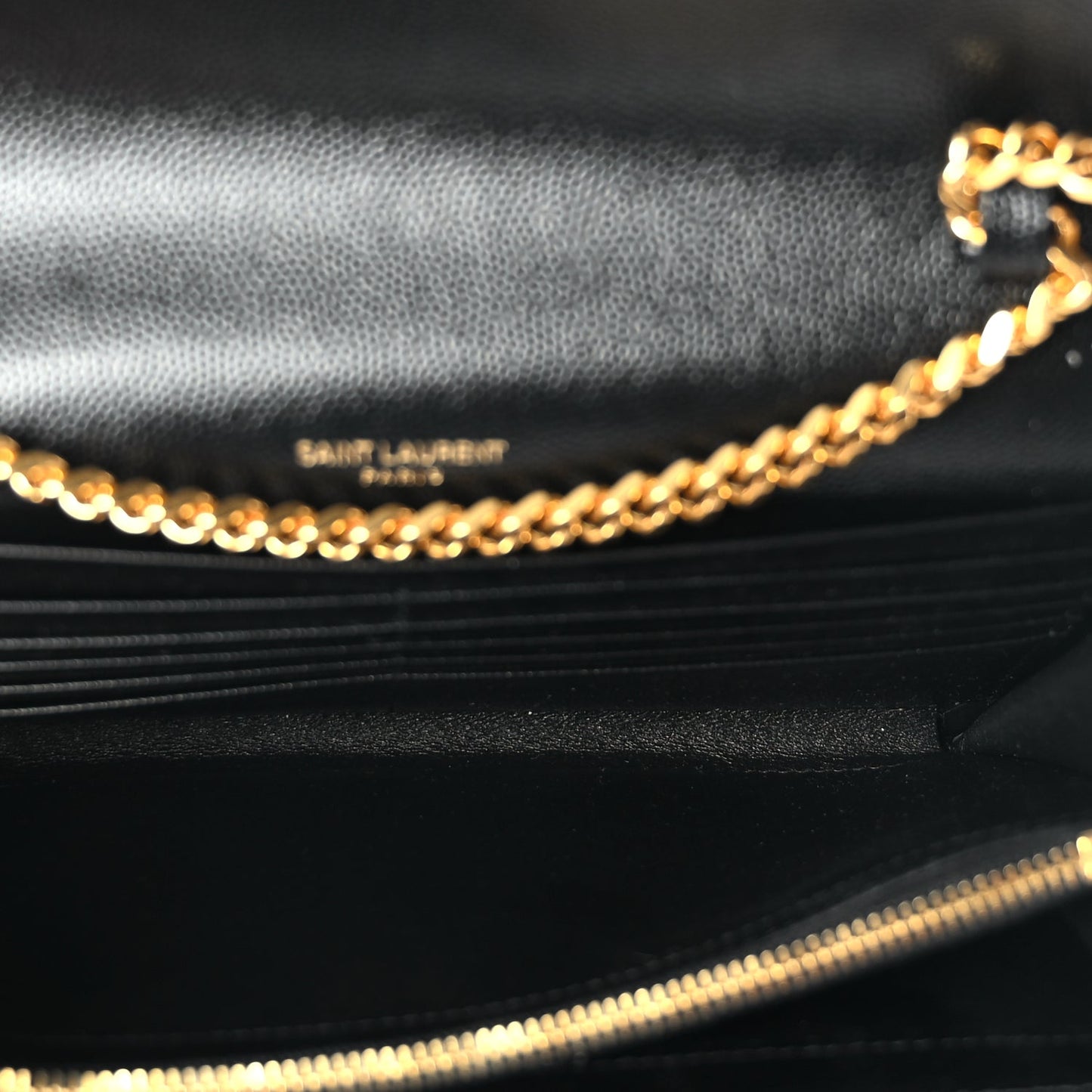 Saint Laurent Grain De Poudre Matelasse Chevron Monogram Chain Wallet Black