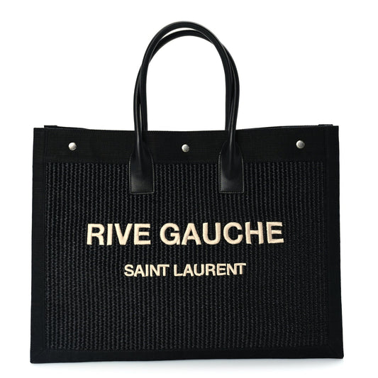 Saint Laurent Raffia Linen Calfskin Rive Gauche Tote  Black