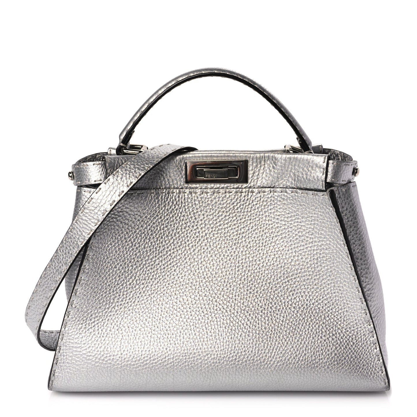 Fendi Cuoio Romano Lux Selleria Medium Peekaboo Iconic Satchel Argento