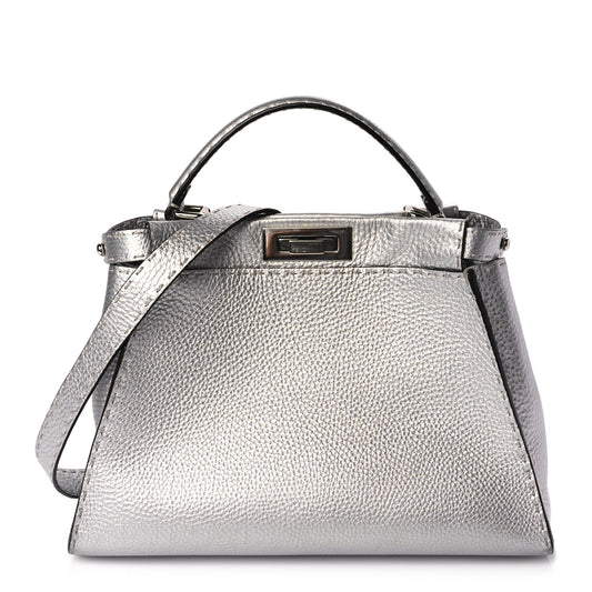Fendi Cuoio Romano Lux Selleria Medium Peekaboo Iconic Satchel Argento