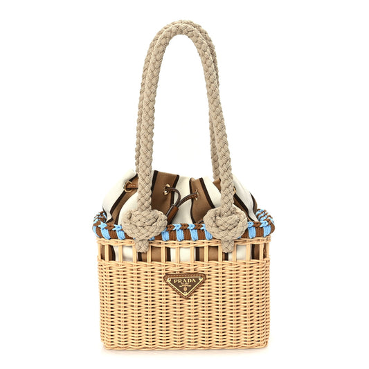Prada Wicker Mini Drawstring Bag  Brown Multiccolor