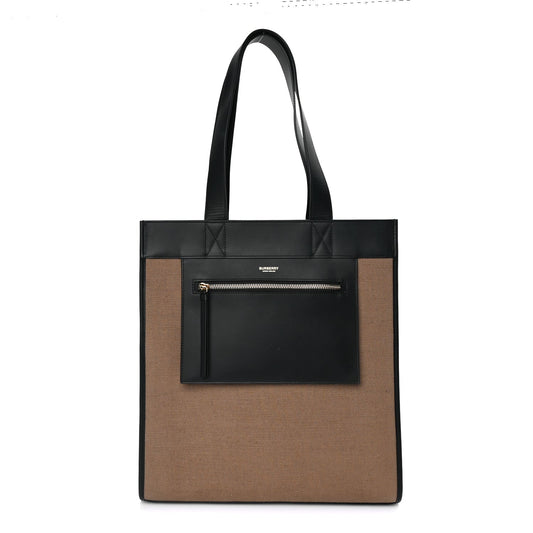 Burberry Canvas Smooth Calfskin Tote  Black Camel