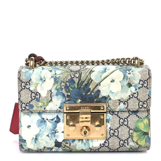 Gucci GG Supreme Monogram Blooms Small Padlock Shoulder Bag  Beige Blue Navy Hibiscus Red