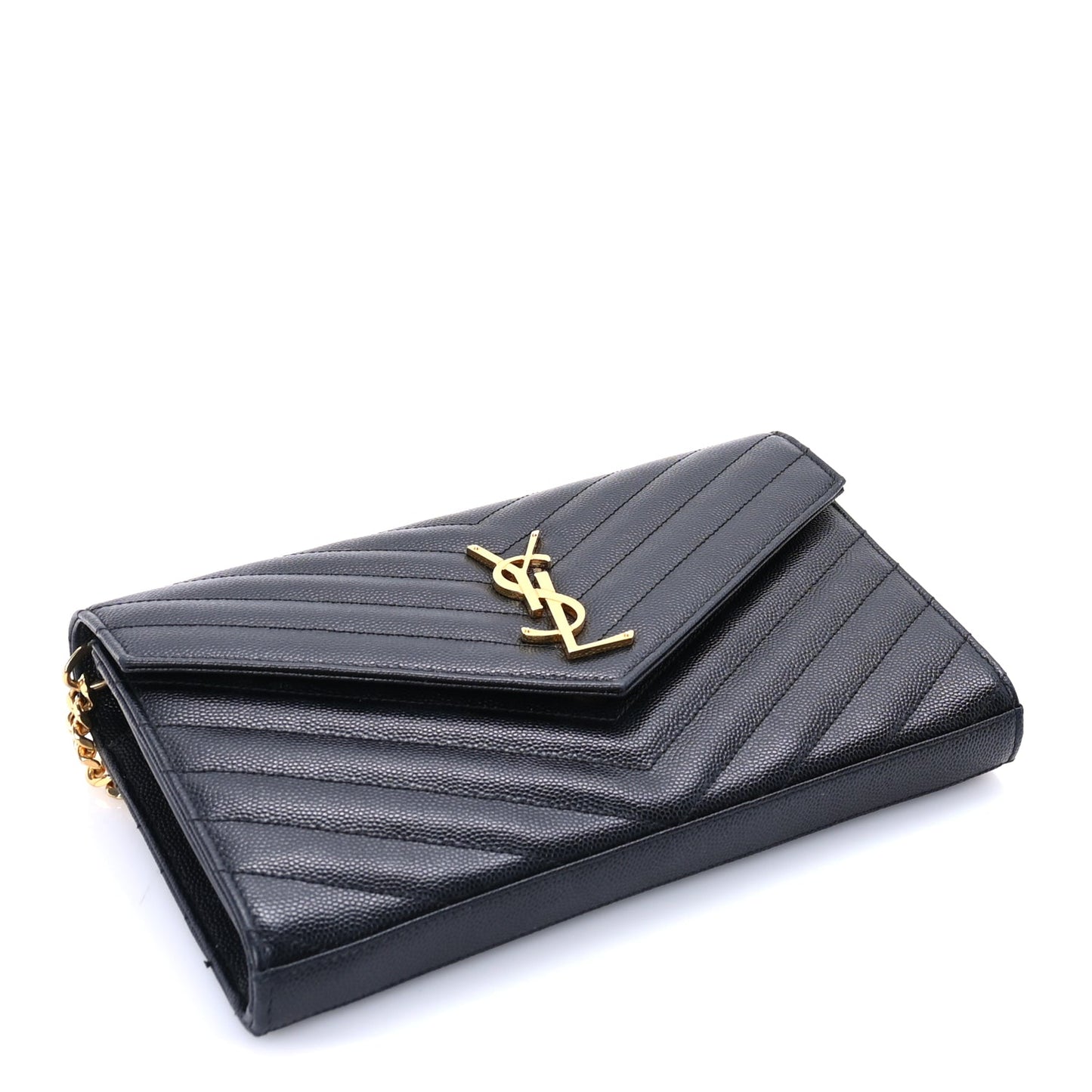 Saint Laurent Saint Laurent Grain De Poudre Matelasse Chevron Medium Monogram Chain Wallet  Black