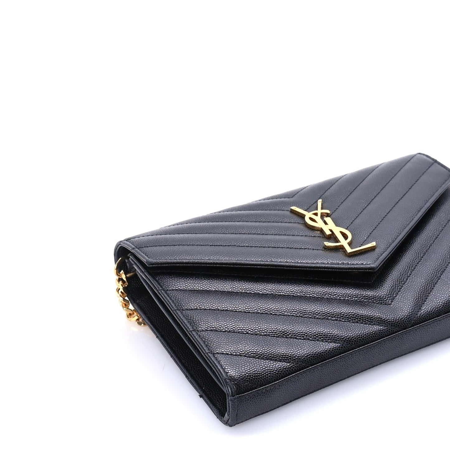 Saint Laurent Saint Laurent Grain De Poudre Matelasse Chevron Medium Monogram Chain Wallet  Black