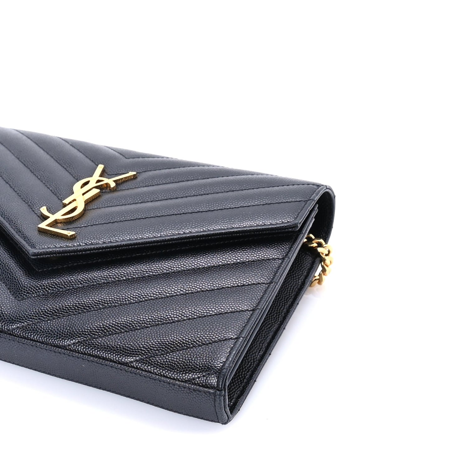 Saint Laurent Saint Laurent Grain De Poudre Matelasse Chevron Medium Monogram Chain Wallet  Black
