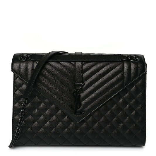 Saint Laurent Grain De Poudre Textured Mixed Matelasse Large Triquilt Monogram Monochrome Satchel Black