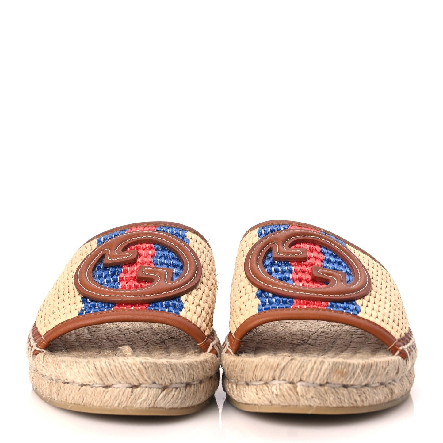 Gucci Raffia Interlocking G Flat Slide Espadrille Sandals 38.5 Harness Brown