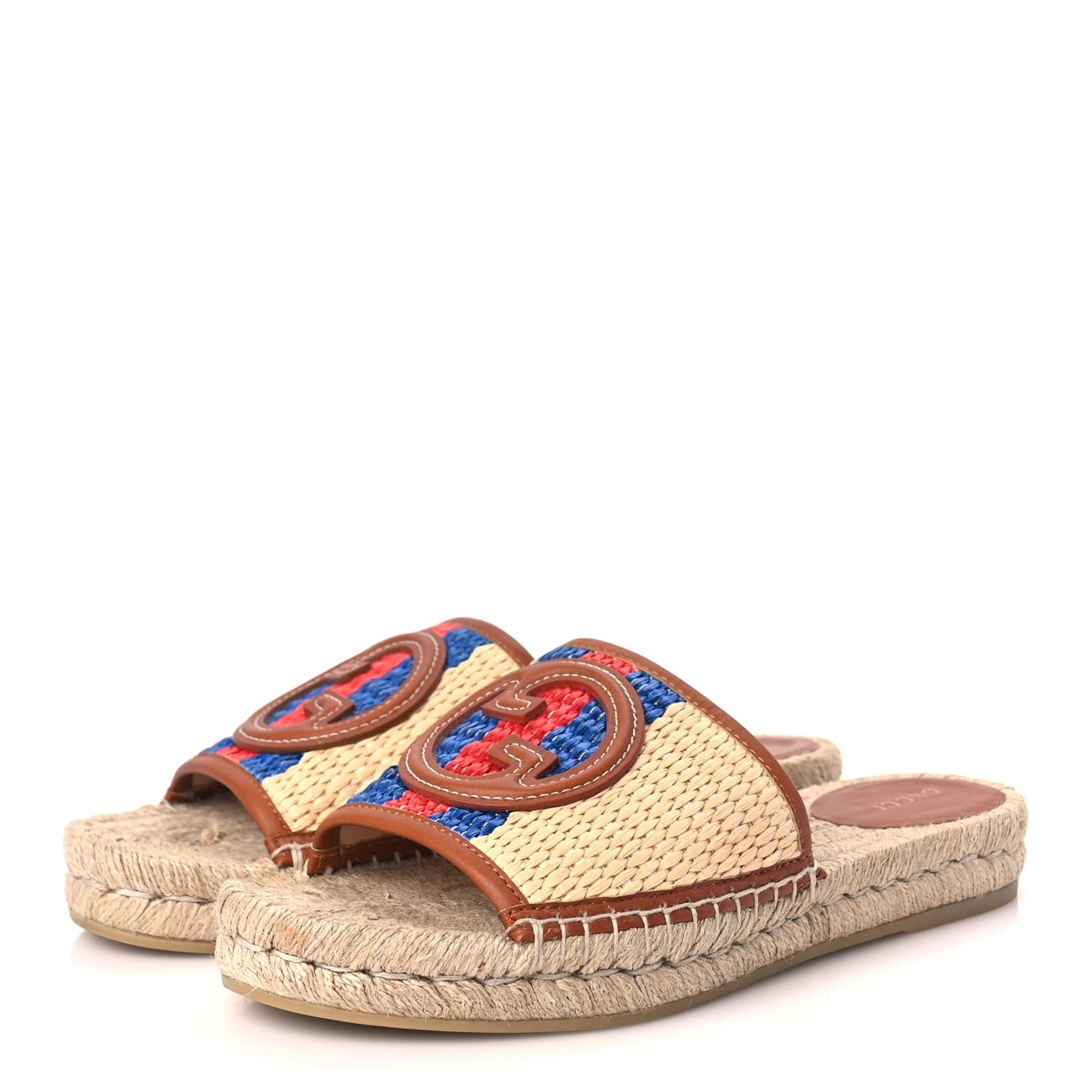 Gucci Raffia Interlocking G Flat Slide Espadrille Sandals 38.5 Harness Brown