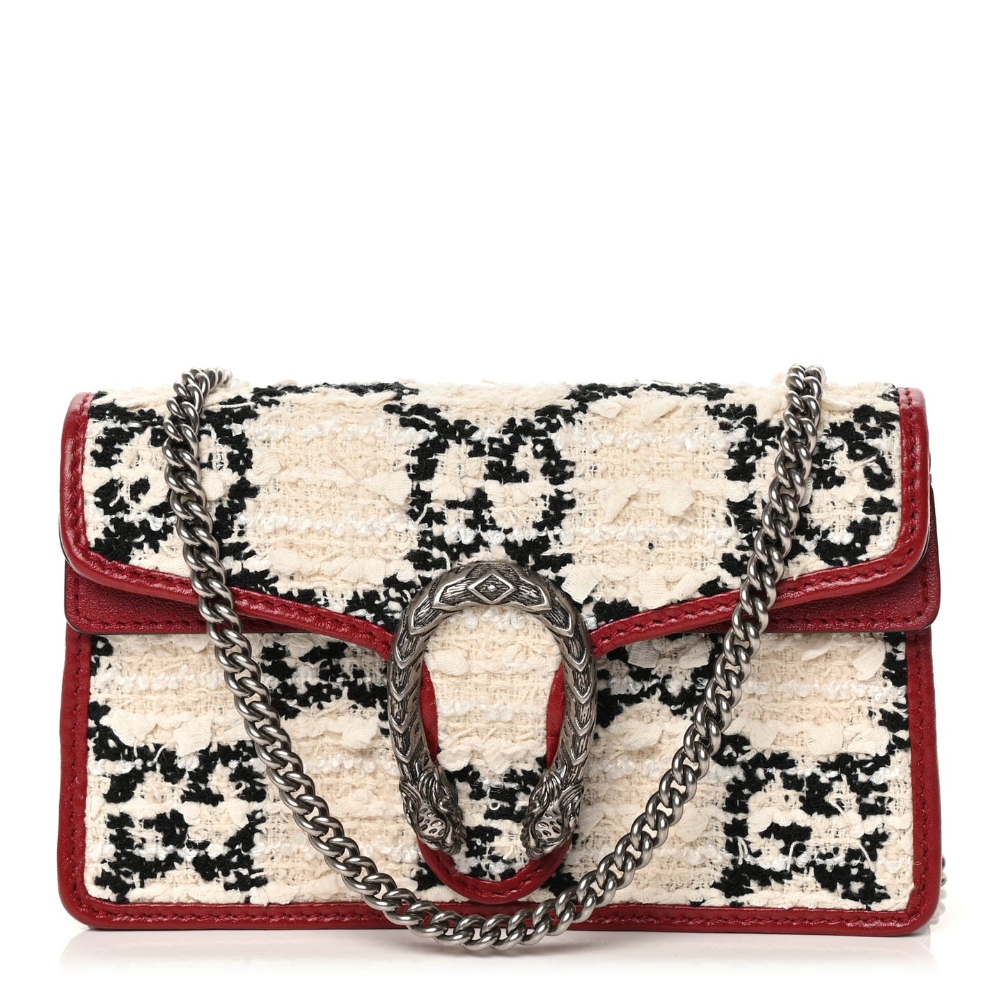 Gucci Tweed GG Monogram Super Mini Dionysus Shoulder Bag White Black Romantic Cherry