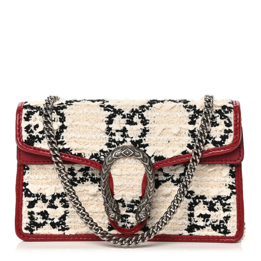 Gucci Tweed GG Monogram Super Mini Dionysus Shoulder Bag White Black Romantic Cherry