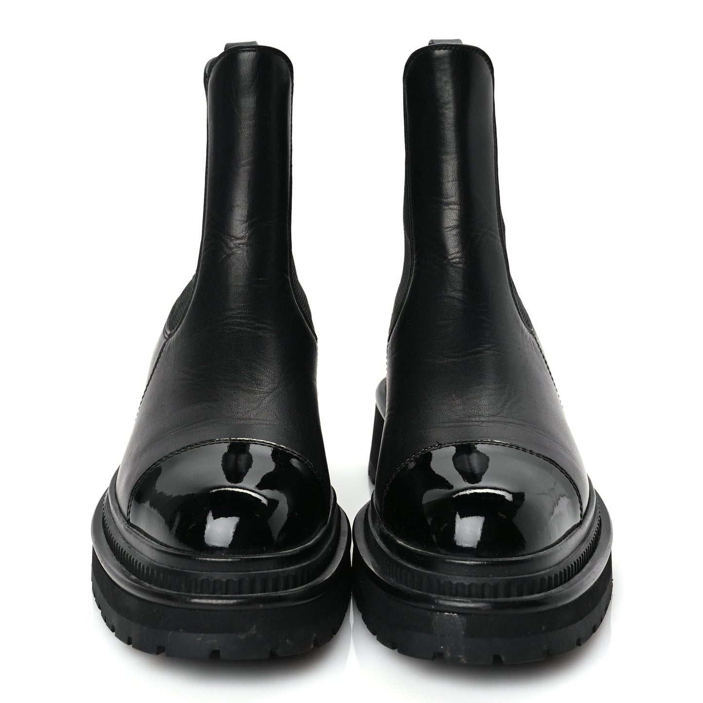 Chanel Calfskin Patent Cap Toe Ankle Boots 37 Black