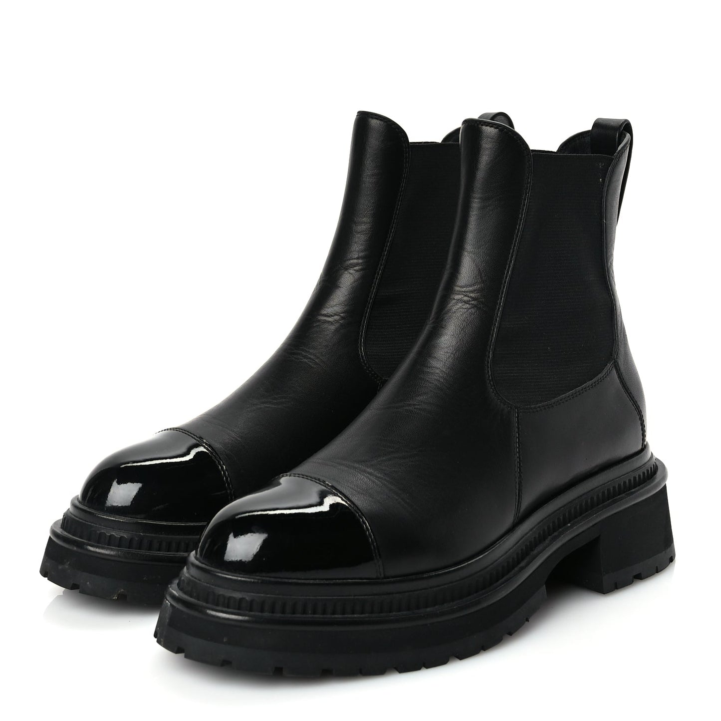 Chanel Calfskin Patent Cap Toe Ankle Boots 37 Black