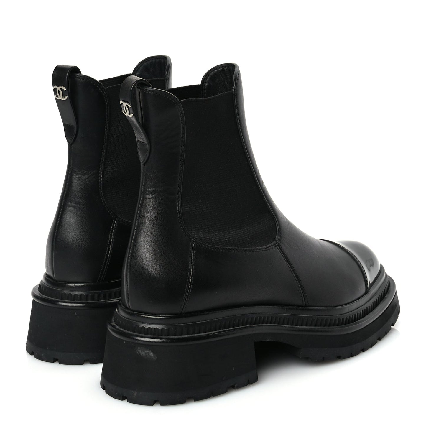 Chanel Calfskin Patent Cap Toe Ankle Boots 37 Black