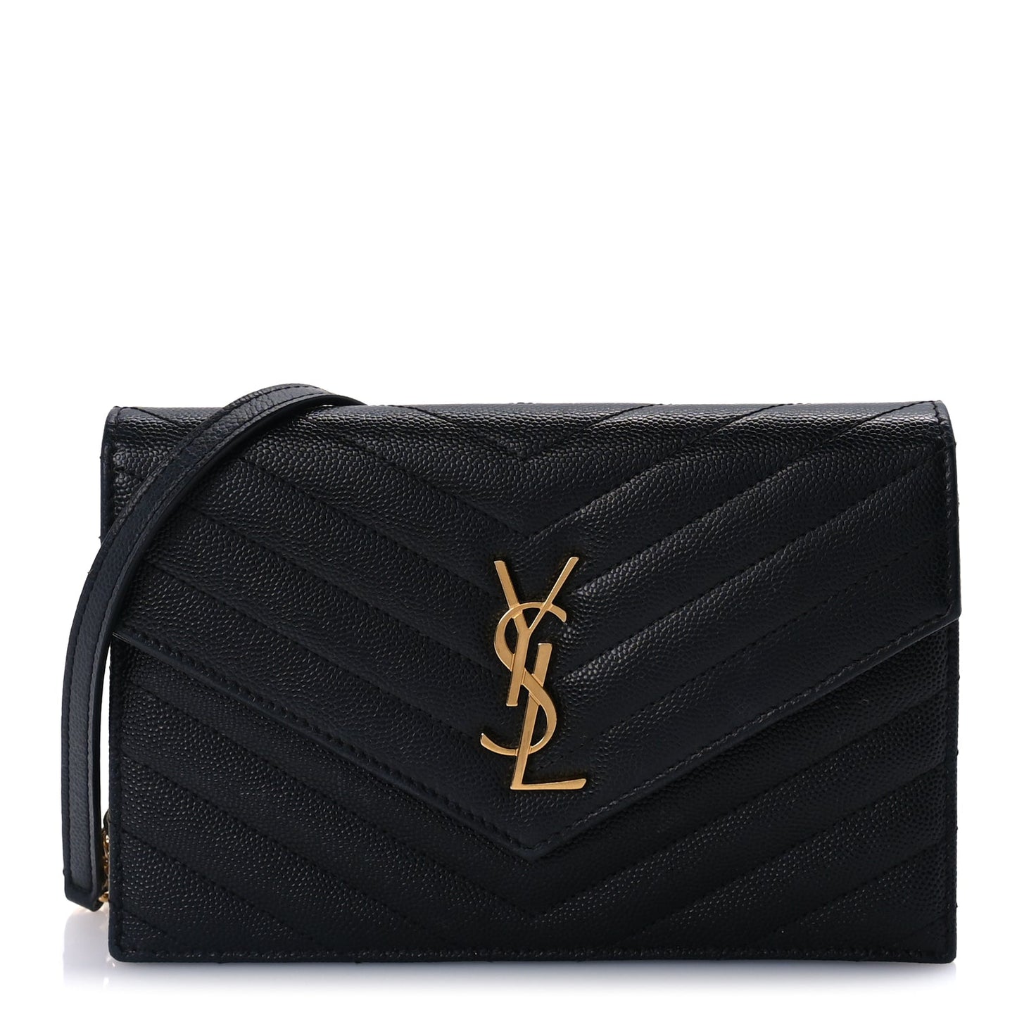 Saint Laurent Grain De Poudre Matelasse Chevron Monogram Envelope Chain Wallet Black