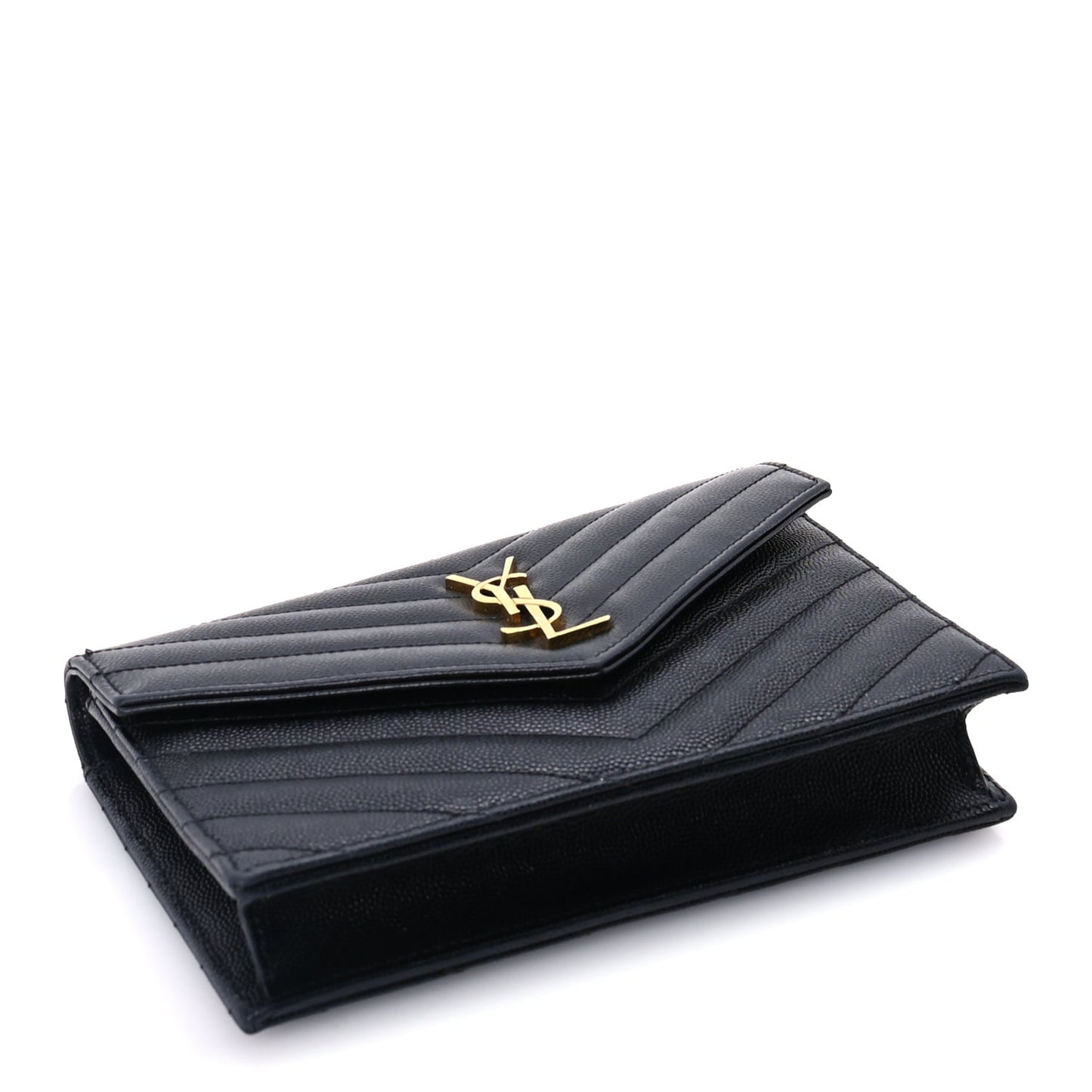 Saint Laurent Grain De Poudre Matelasse Chevron Monogram Envelope Chain Wallet Black