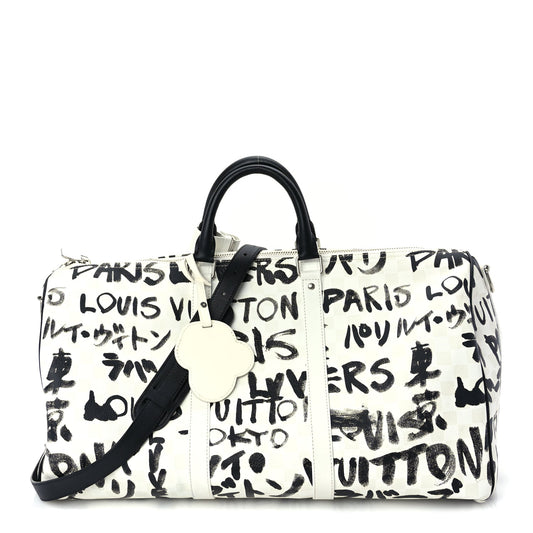Louis Vuitton Calfskin Damier Scribble Keepall Bandouliere 50  Black White