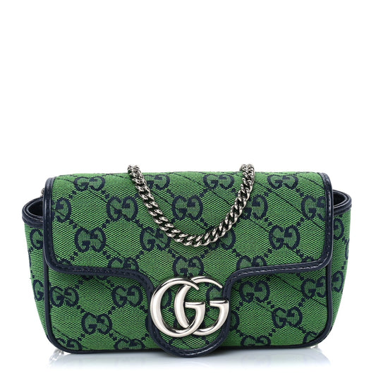 Gucci Monogram Multicolor Matelasse Diagonal Super Mini GG Marmont Shoulder Bag Green Blue
