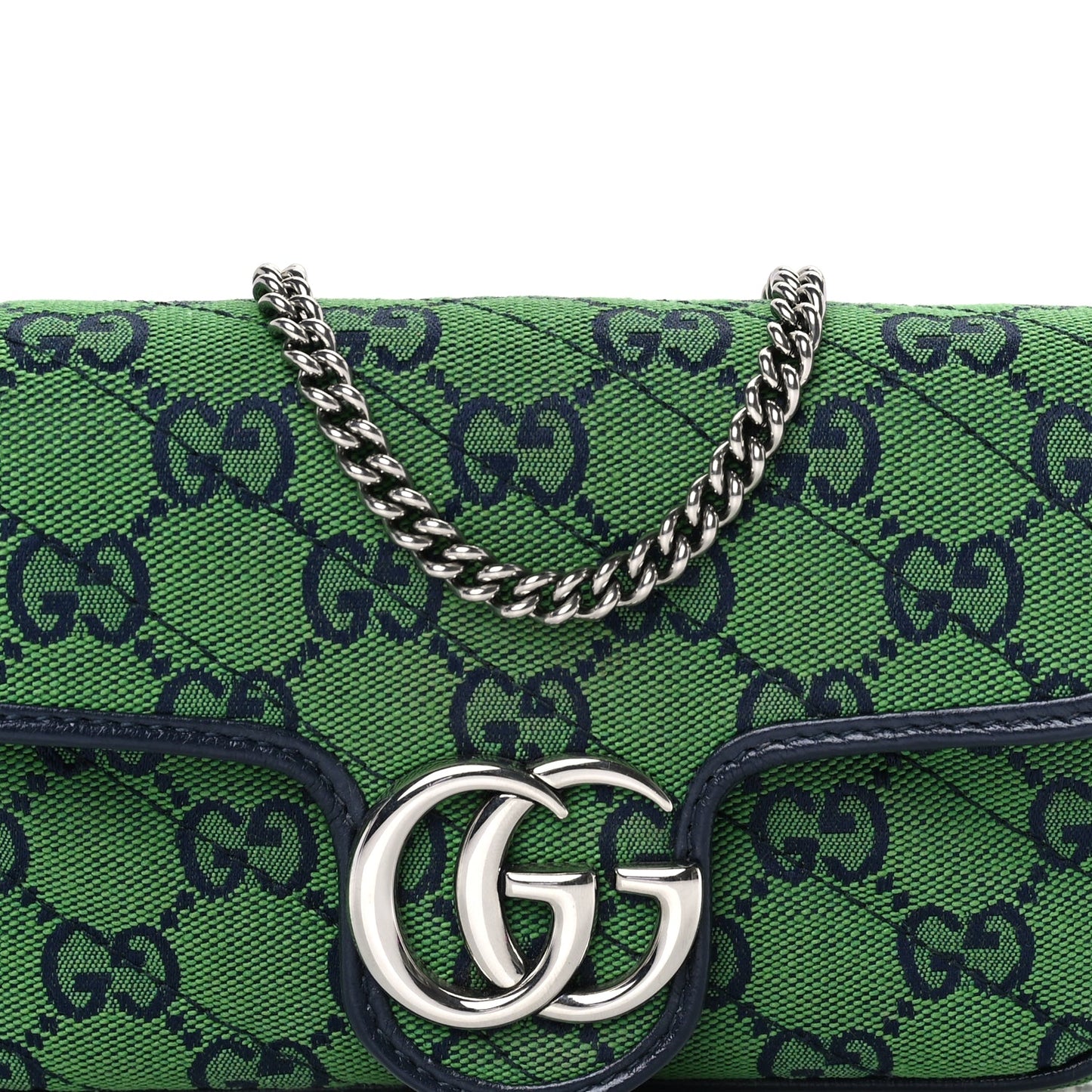 Gucci Monogram Multicolor Matelasse Diagonal Super Mini GG Marmont Shoulder Bag Green Blue