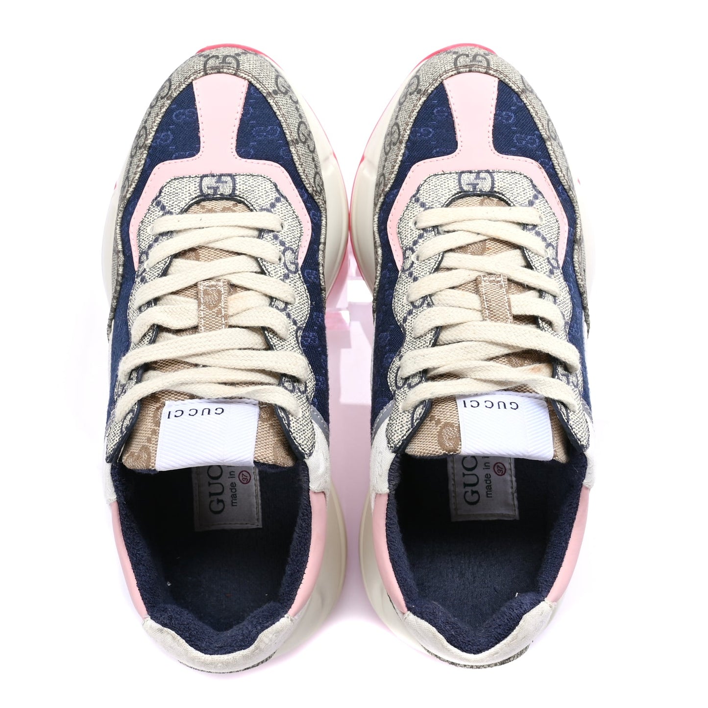 Gucci GG Supreme Monogram Mix Monogram Womens Rhyton Sneakers London Blue Beige Pale Pink