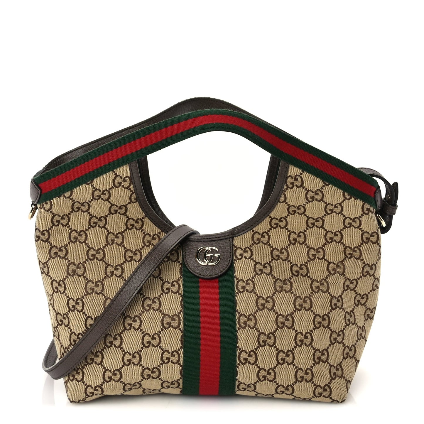 Gucci Monogram Web Small Giglio Tote Beige  Dark Brown