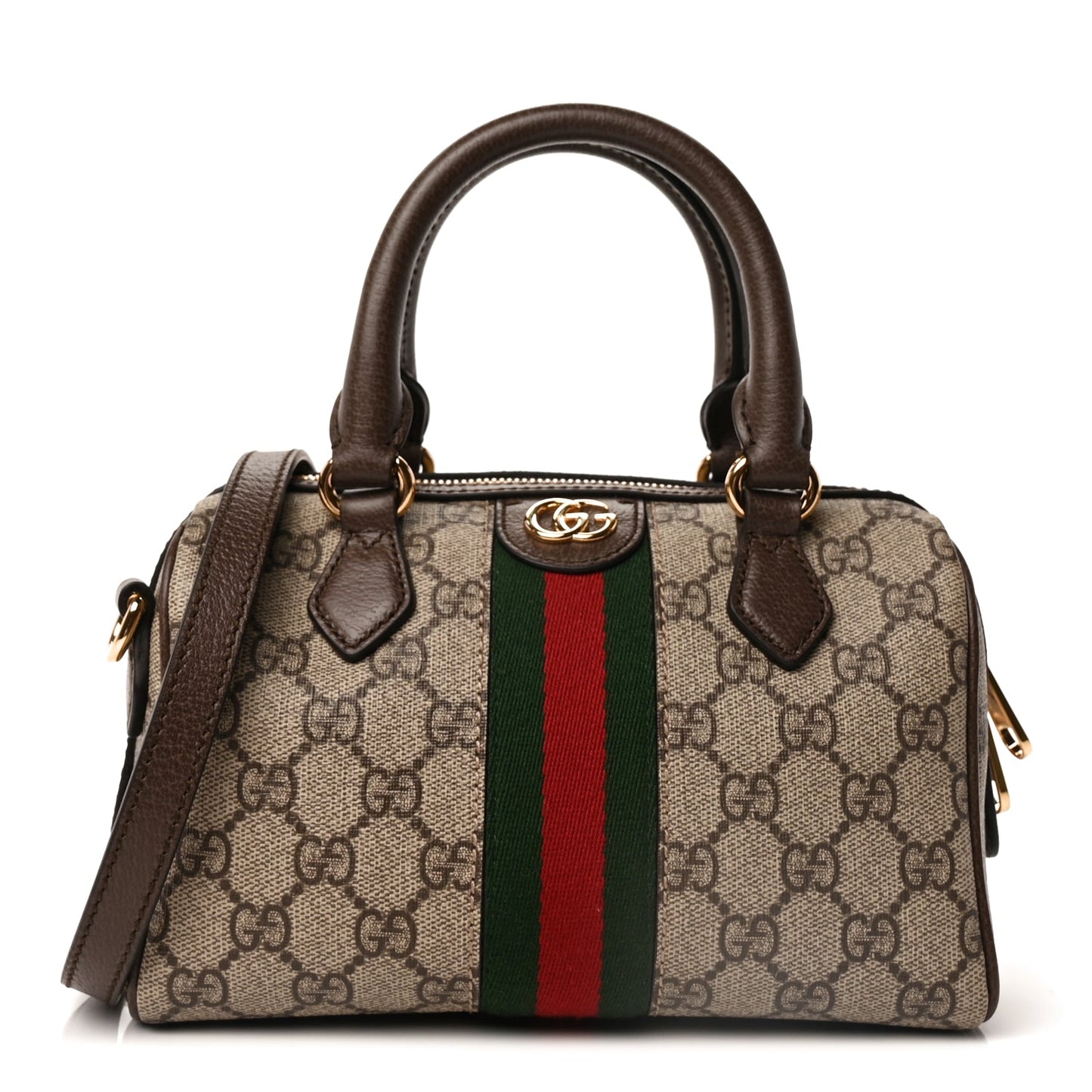 Gucci GG Supreme Monogram Textured Dollar Calfskin Web Mini Ophidia Top Handle Bag Beige Ebony New Acero