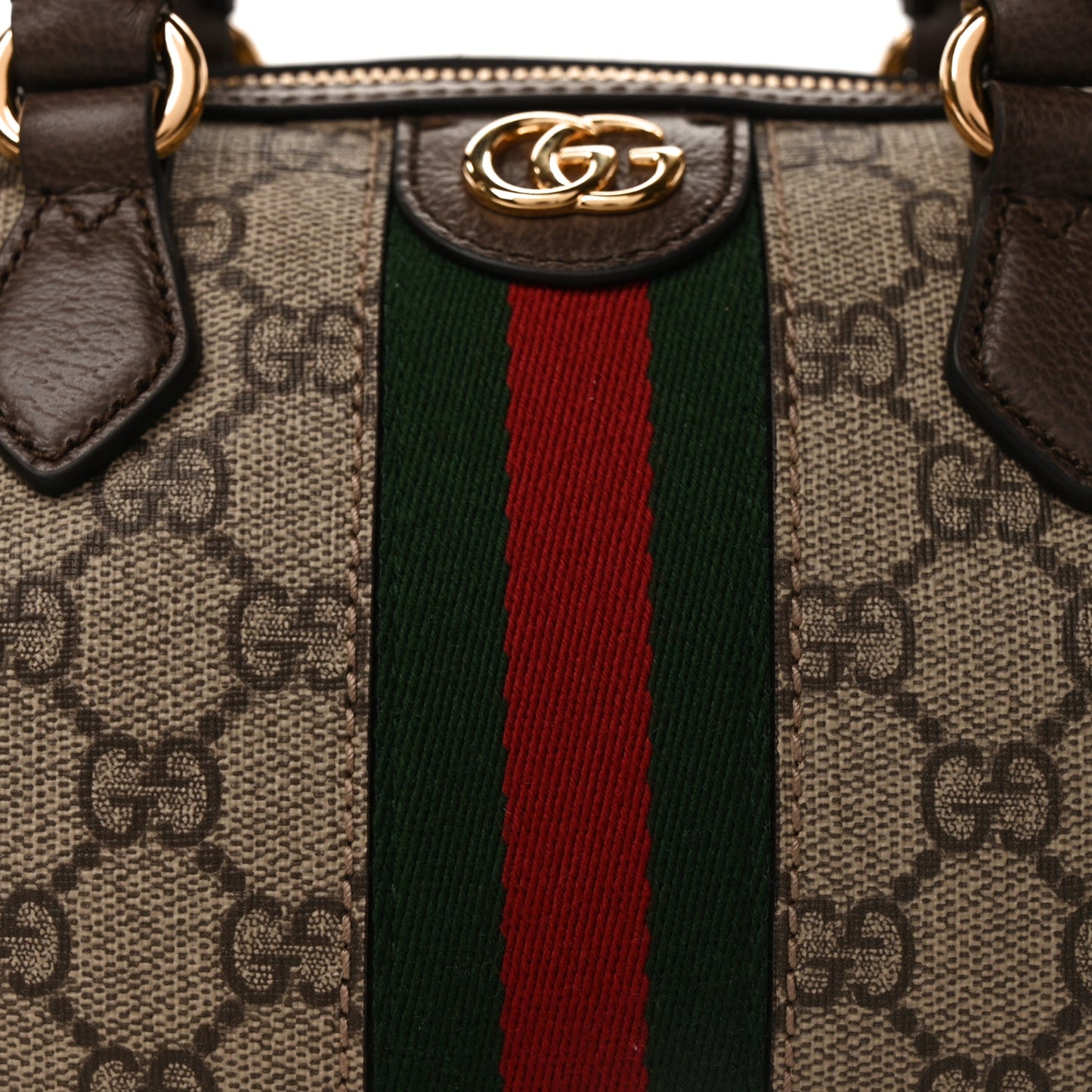 Gucci GG Supreme Monogram Textured Dollar Calfskin Web Mini Ophidia Top Handle Bag Beige Ebony New Acero