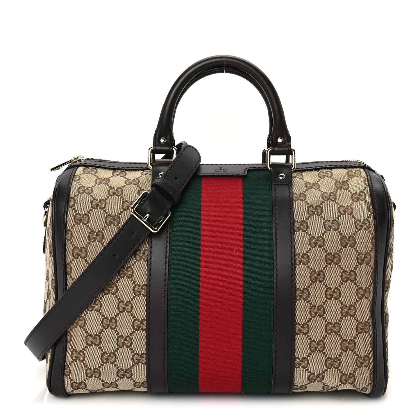 Gucci Monogram Vintage Web Medium Boston  Dark Brown